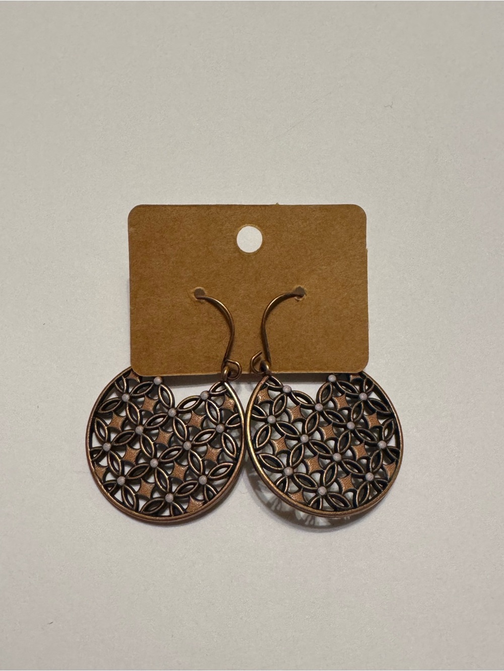 Copper Tone Brown Floral Filigree Circle Drop Earrings